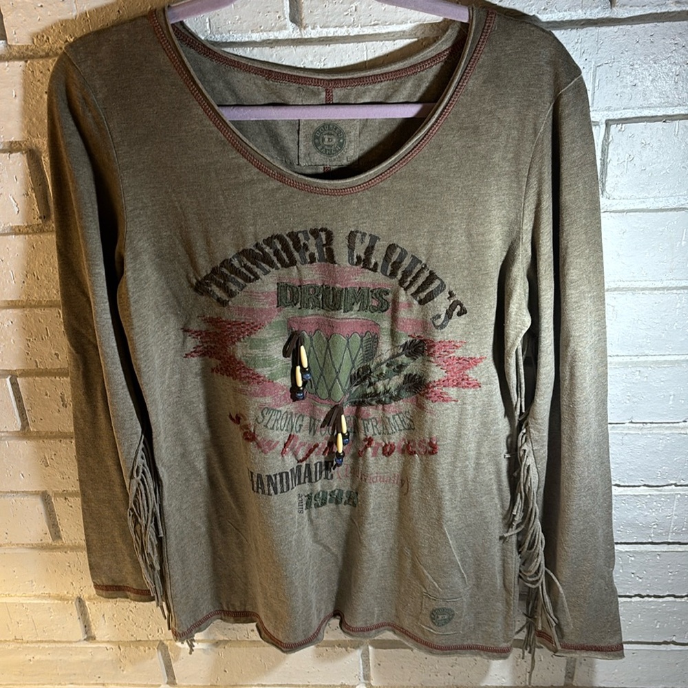 Double D long sleeve shirt with embroidery and fringe under the arms